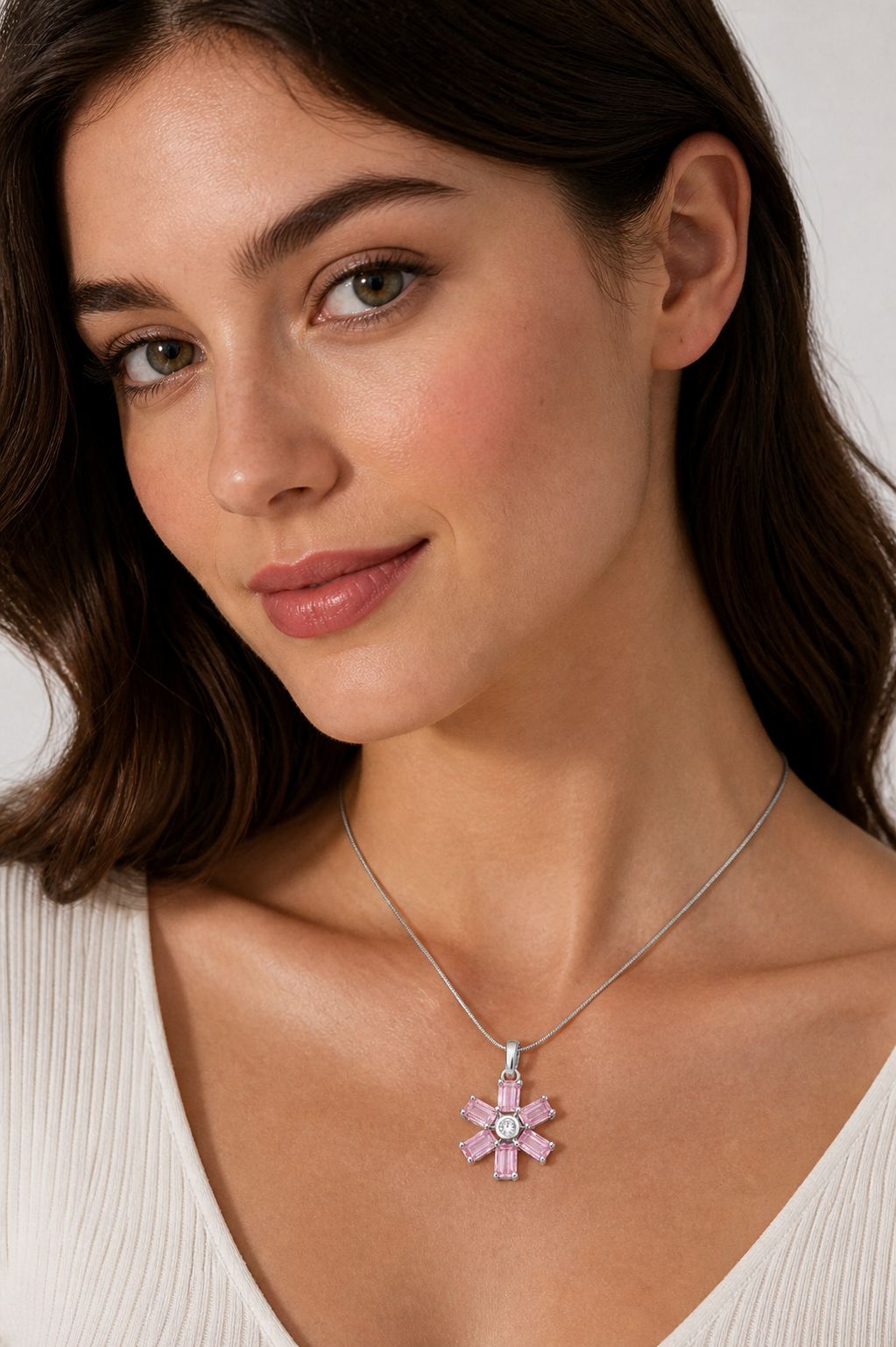 Pink Floral Crystal Pendant with Chain