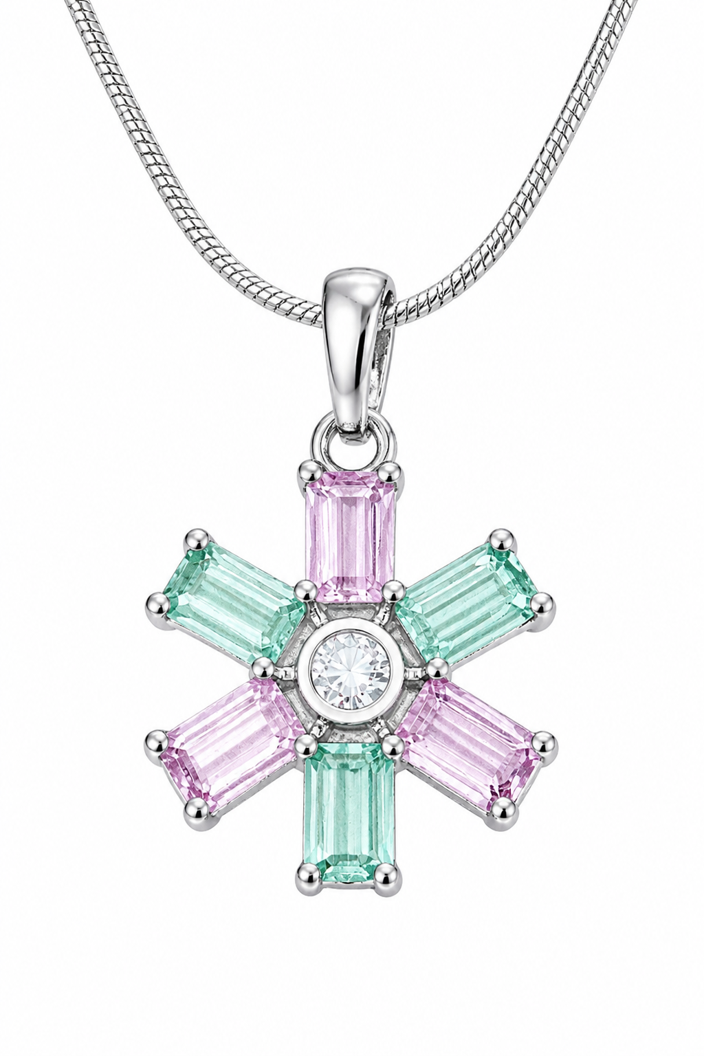 Pink Green Floral Crystal Pendant with Chain
