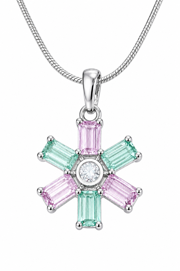 Pink Green Floral Crystal Pendant with Chain