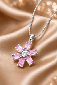 Pink Floral Crystal Pendant with Chain