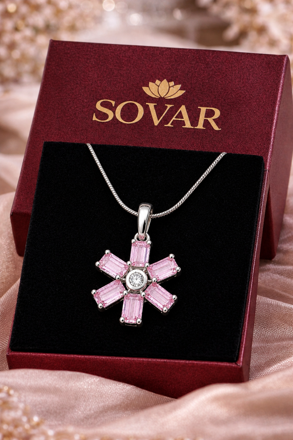 Pink Floral Crystal Pendant with Chain
