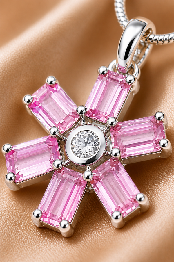 Pink Floral Crystal Pendant with Chain
