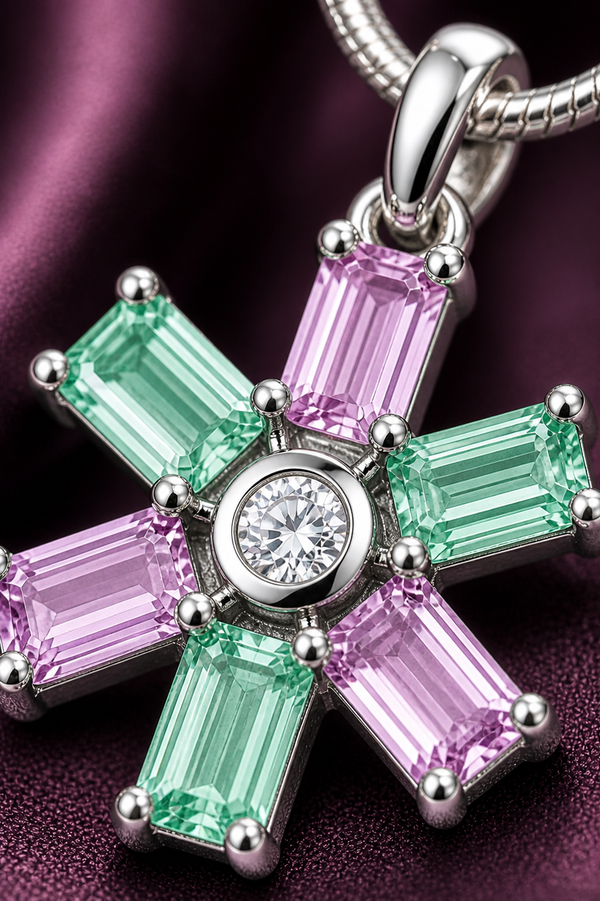 Pink Green Floral Crystal Pendant with Chain