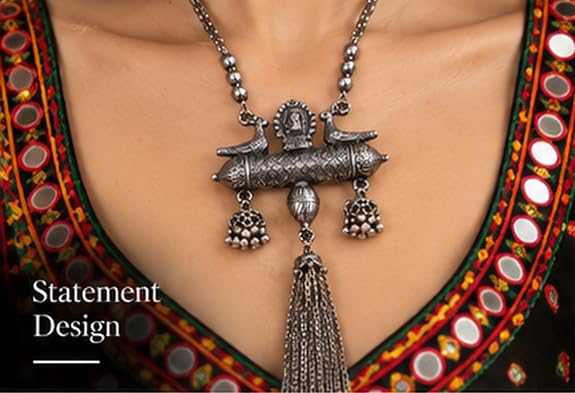 SOVAR Oxidised Silver Peacock Tribal Necklace for Women | Traditional Ethnic Statement Jewellery