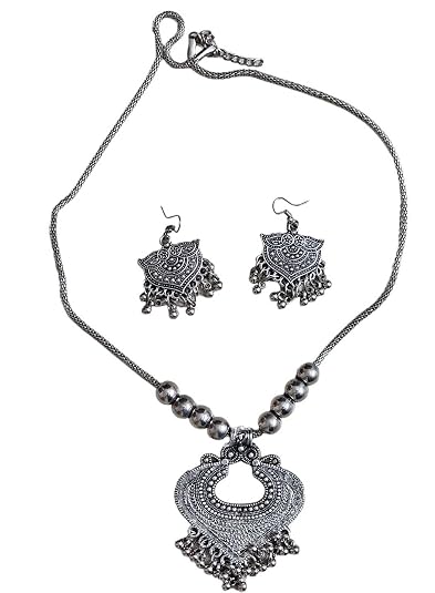 SOVAR Oxidised Silver Tribal Necklace and Earrings Set – Traditional Indian Antique Jewellery