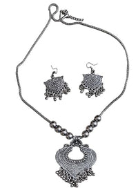 SOVAR Oxidised Silver Tribal Necklace and Earrings Set – Traditional Indian Antique Jewellery