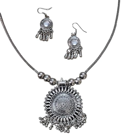 SOVAR Oxidised Silver Necklace Set for Women with Matching Earrings | Tribal Ethnic Jewellery