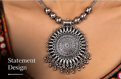 SOVAR Oxidised Silver Necklace Set for Women with Matching Earrings | Tribal Ethnic Jewellery