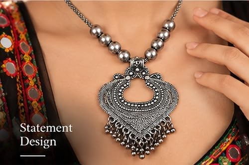 SOVAR Oxidised Silver Tribal Necklace and Earrings Set – Traditional Indian Antique Jewellery