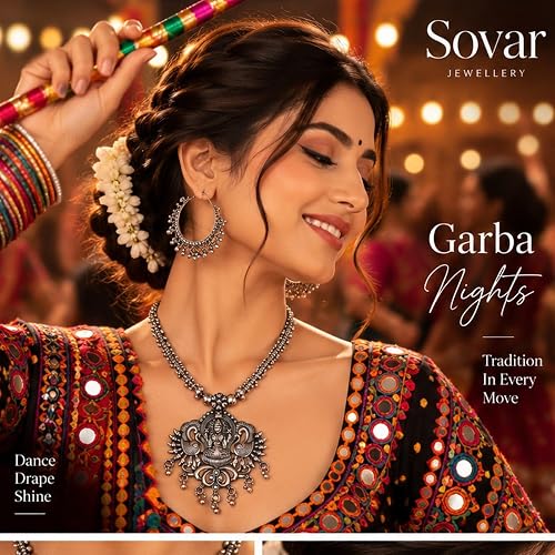 SOVAR Oxidised Silver Goddess & Peacock Necklace Jewellery Set for Women | Traditional Ethnic Jewellery