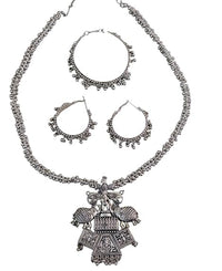 SOVAR Oxidised Silver Tribal Peacock Necklace & Earrings Set for Women | Traditional Ethnic Jewellery