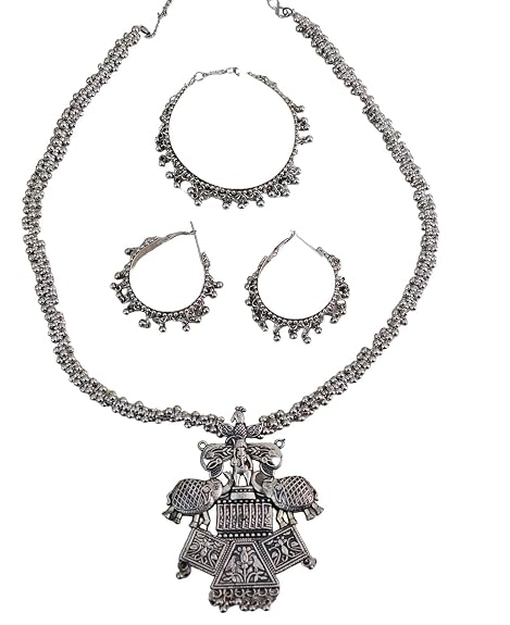 SOVAR Oxidised Silver Tribal Peacock Necklace & Earrings Set for Women | Traditional Ethnic Jewellery