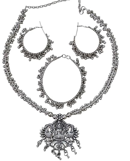SOVAR Oxidised Silver Goddess & Peacock Necklace Jewellery Set for Women | Traditional Ethnic Jewellery