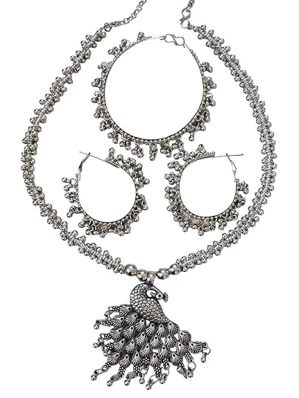 SOVAR Oxidised Silver Peacock Necklace & Earrings Set for Women | Traditional Ethnic Jewellery