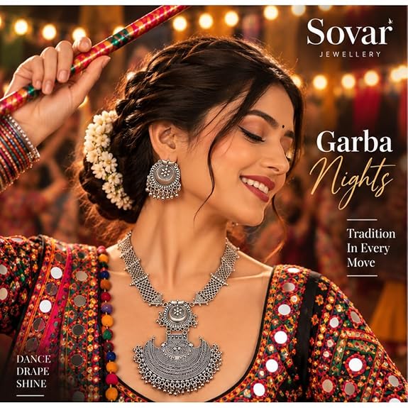 SOVAR Oxidised Silver Tribal Necklace & Earrings Set for Women | Traditional Ethnic Jewellery