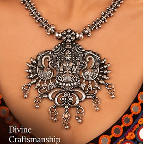 SOVAR Oxidised Silver Goddess & Peacock Necklace Jewellery Set for Women | Traditional Ethnic Jewellery