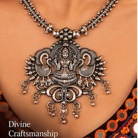 SOVAR Oxidised Silver Goddess & Peacock Necklace Jewellery Set for Women | Traditional Ethnic Jewellery