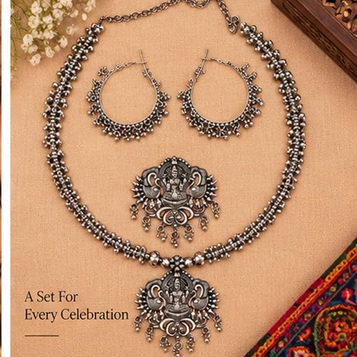 SOVAR Oxidised Silver Goddess & Peacock Necklace Jewellery Set for Women | Traditional Ethnic Jewellery