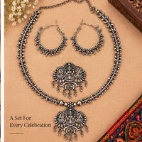 SOVAR Oxidised Silver Goddess & Peacock Necklace Jewellery Set for Women | Traditional Ethnic Jewellery
