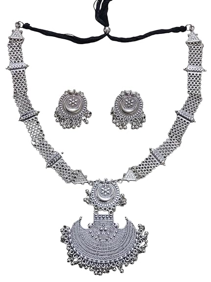 SOVAR Oxidised Silver Tribal Necklace & Earrings Set for Women | Traditional Ethnic Jewellery