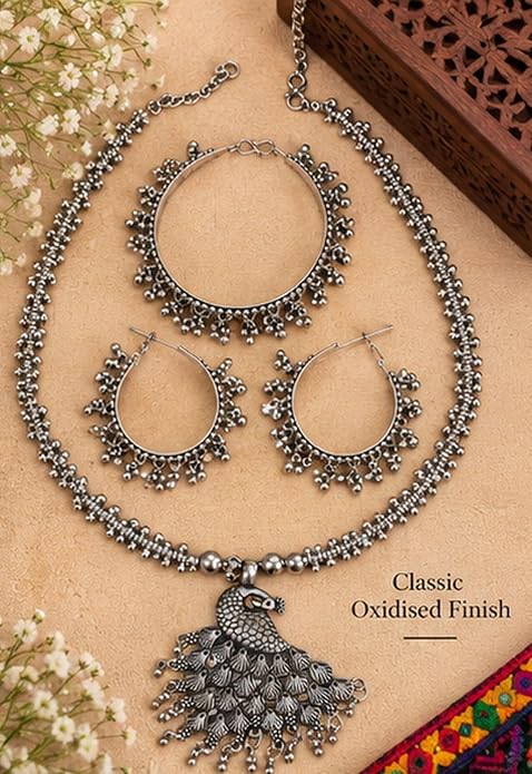 SOVAR Oxidised Silver Peacock Necklace & Earrings Set for Women | Traditional Ethnic Jewellery