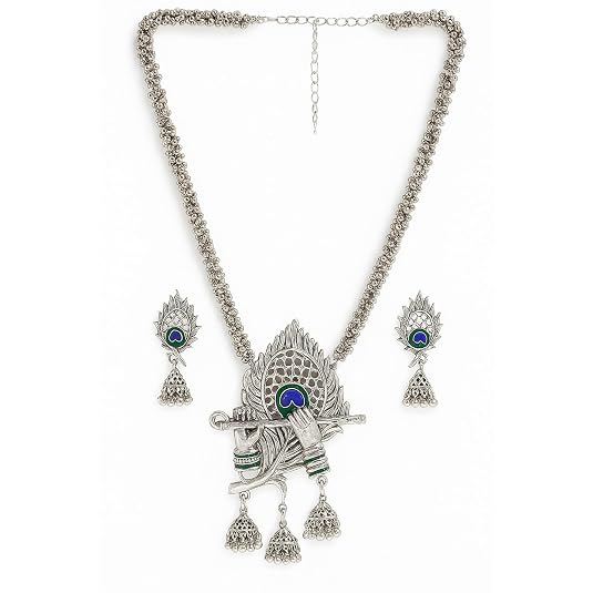 SOVAR Oxidised Silver Peacock Necklace & Earrings Set for Women | Traditional Ethnic Jewellery