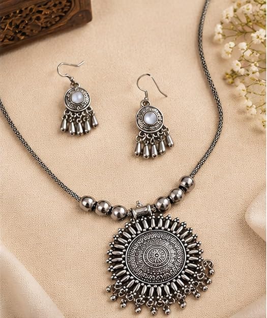 SOVAR Oxidised Silver Necklace Set for Women with Matching Earrings | Tribal Ethnic Jewellery