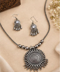 SOVAR Oxidised Silver Necklace Set for Women with Matching Earrings | Tribal Ethnic Jewellery