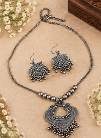 SOVAR Oxidised Silver Tribal Necklace and Earrings Set – Traditional Indian Antique Jewellery
