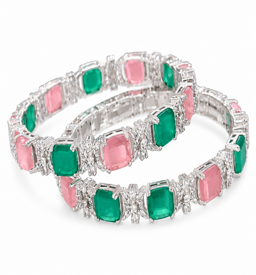 Silver Plated  ( Size 6 ) Emerald Pink Stone Studded Bangles