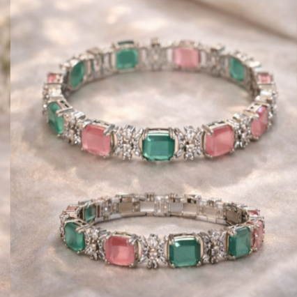 Silver Plated Emerald Pink Stone Studded Bangles ( Size 6 )