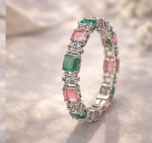 Silver Plated Emerald Pink Stone Studded Bangles ( Size 6 )