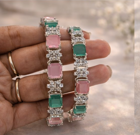 Silver Plated Emerald Pink Stone Studded Bangles ( Size 6 )