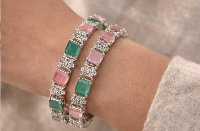 Silver Plated Emerald Pink Stone Studded Bangles ( Size 6 )