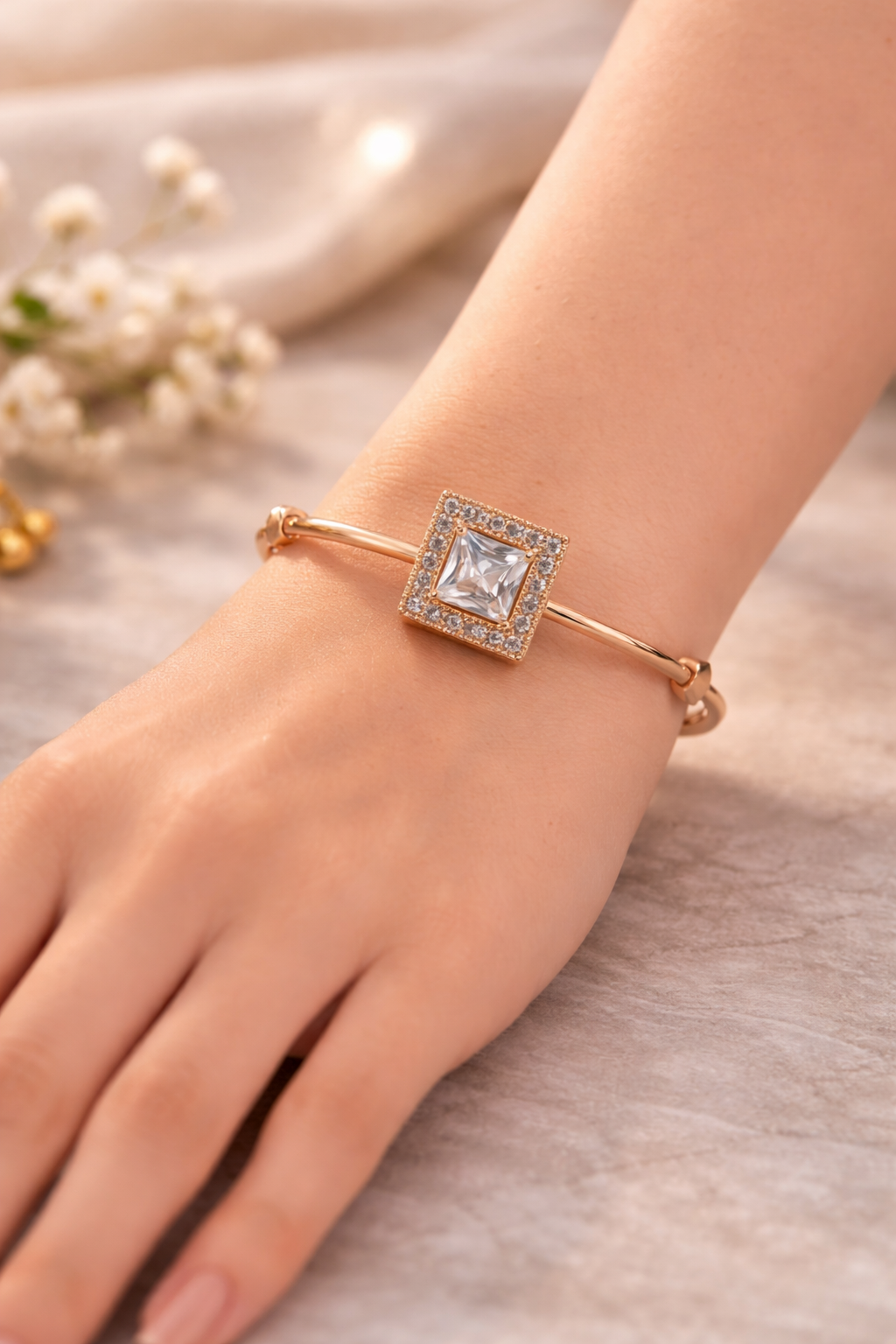 Rose Gold American Diamond Adjustable Square Bracelet