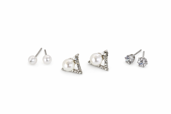 3 Pair CZ Crystal & Pearl Studs Combo