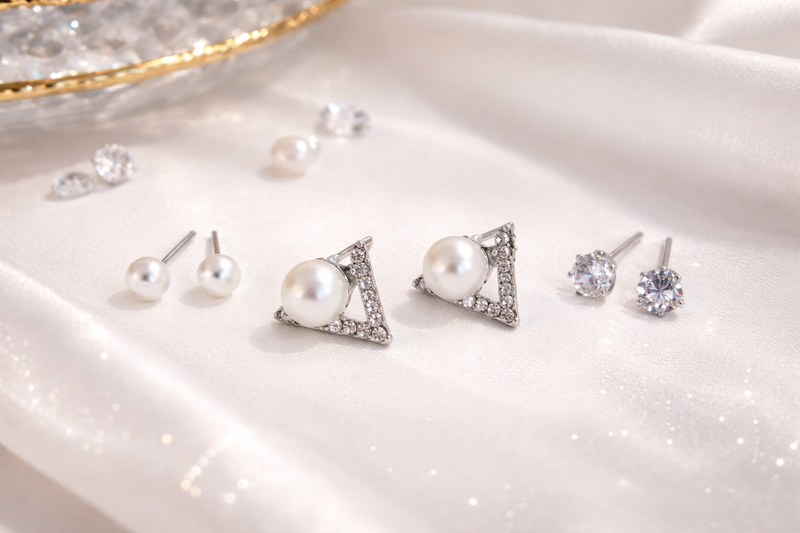 3 Pair CZ Crystal & Pearl Studs Combo