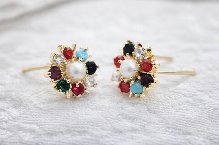 Gold Plated Pearl & Stone Floral Earrings