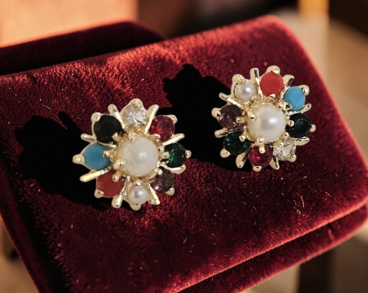 Gold Plated Pearl & Stone Floral Earrings