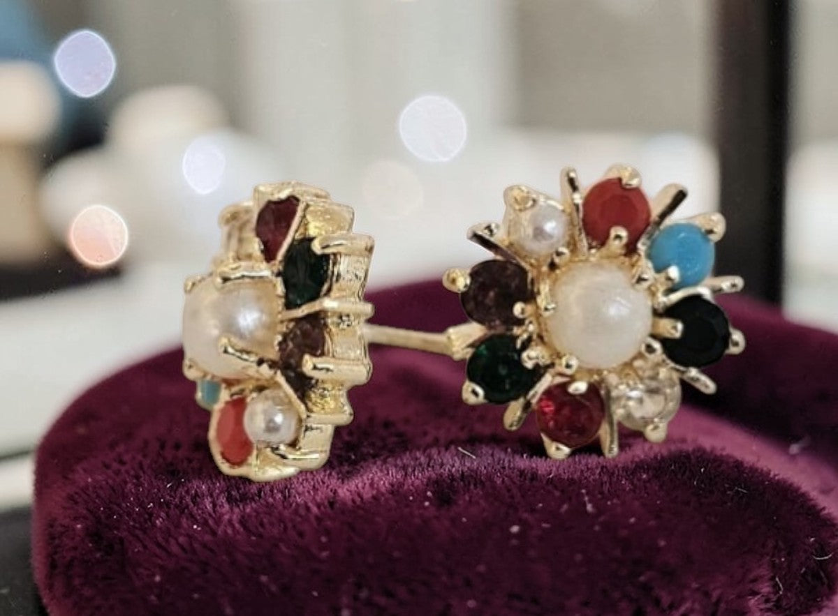 Gold Plated Pearl & Stone Floral Earrings