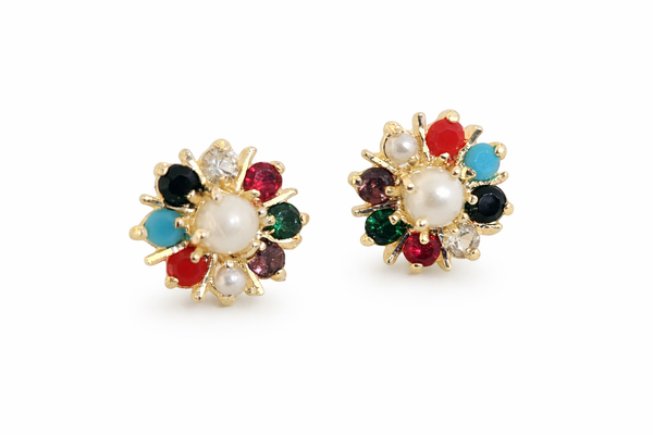 Gold Plated Pearl & Stone Floral Earrings