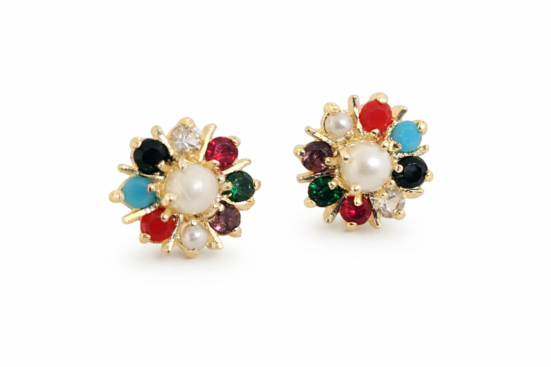 Gold Plated Pearl & Stone Floral Earrings