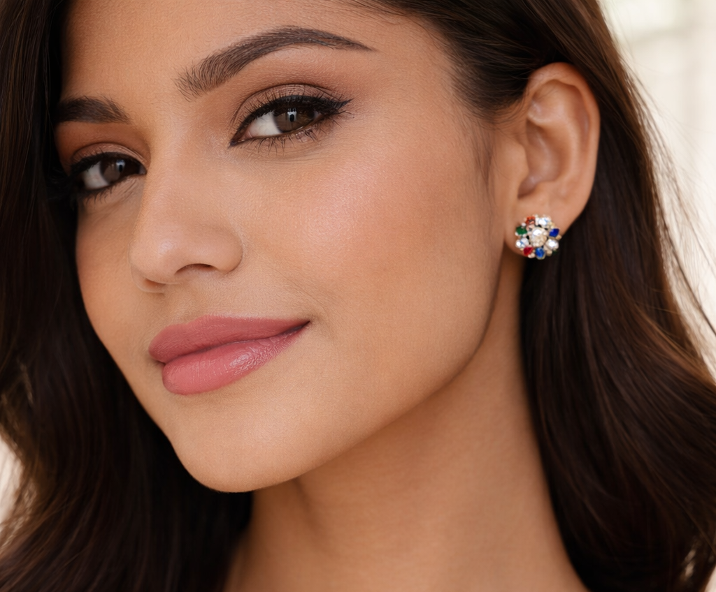 Gold Plated Pearl & Stone Floral Earrings