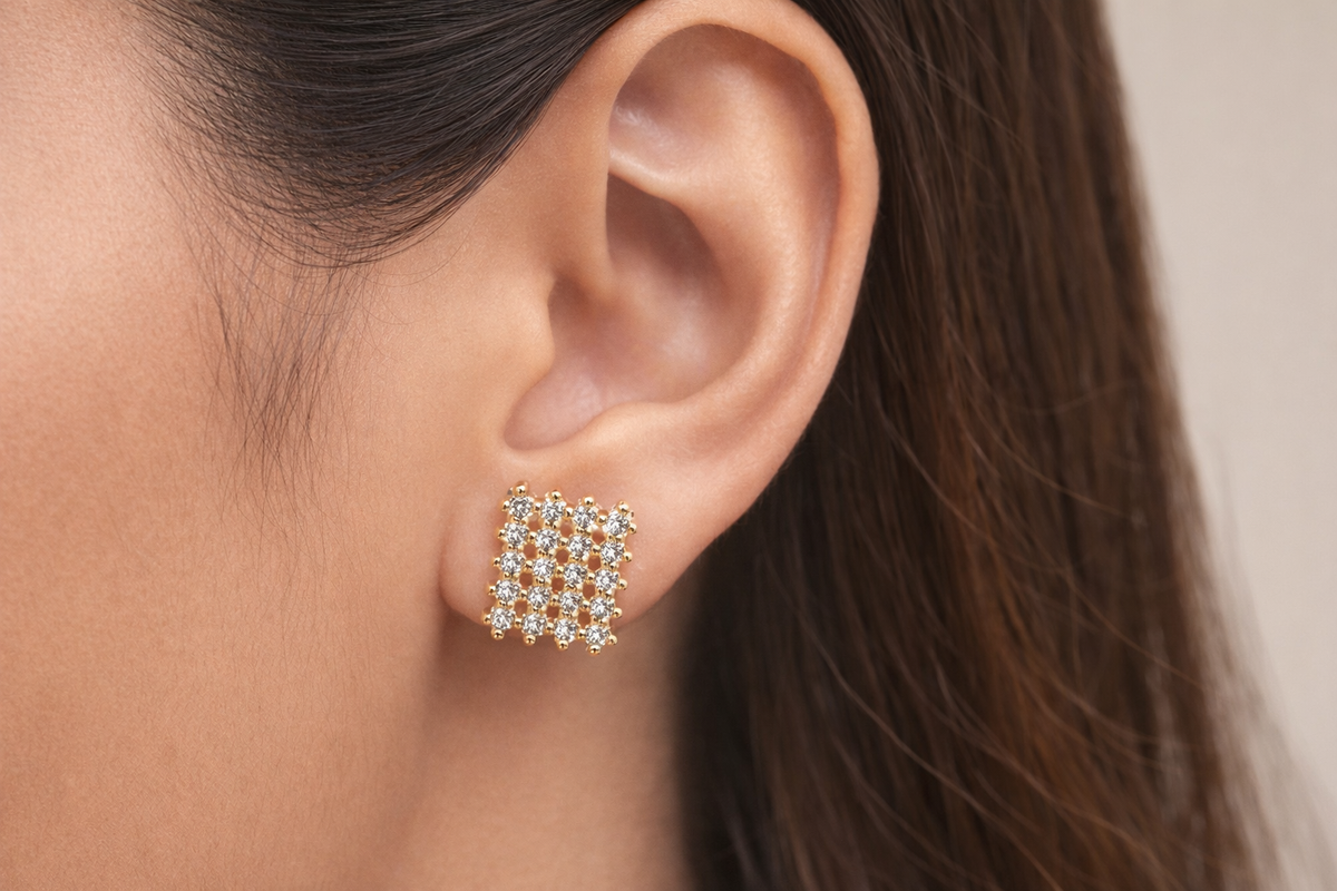 Gold Plated CZ Grid Design Studs