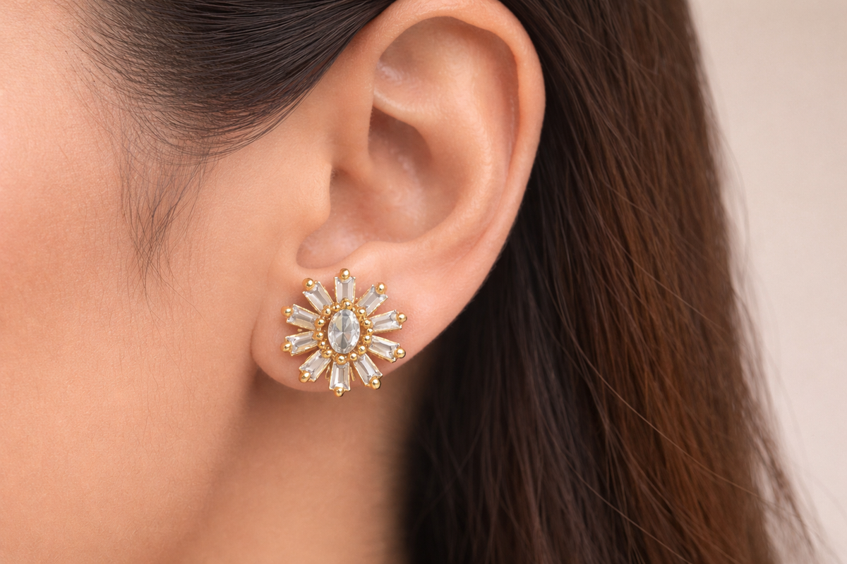Gold Plated Sunburst Design CZ Diamond Earrings