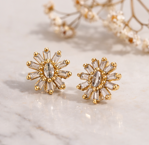 Gold Plated Sunburst Design CZ Diamond Earrings
