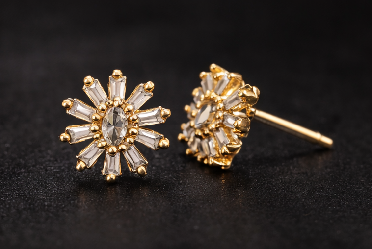 Gold Plated Sunburst Design CZ Diamond Earrings