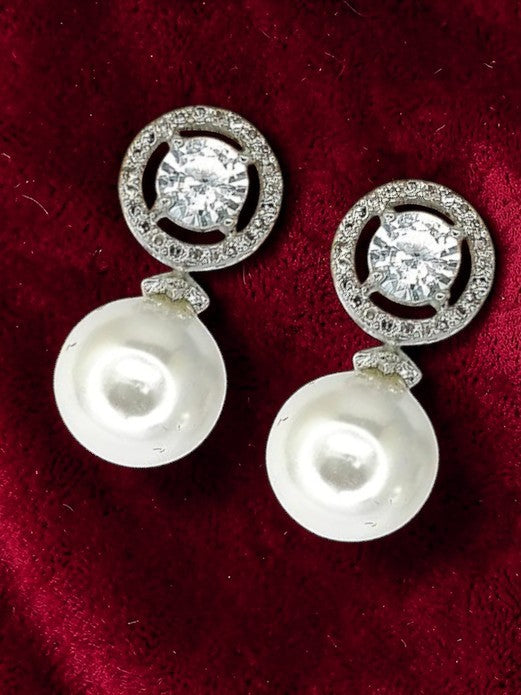 Silver Tone CZ Diamond Stud with Hanging Pearl