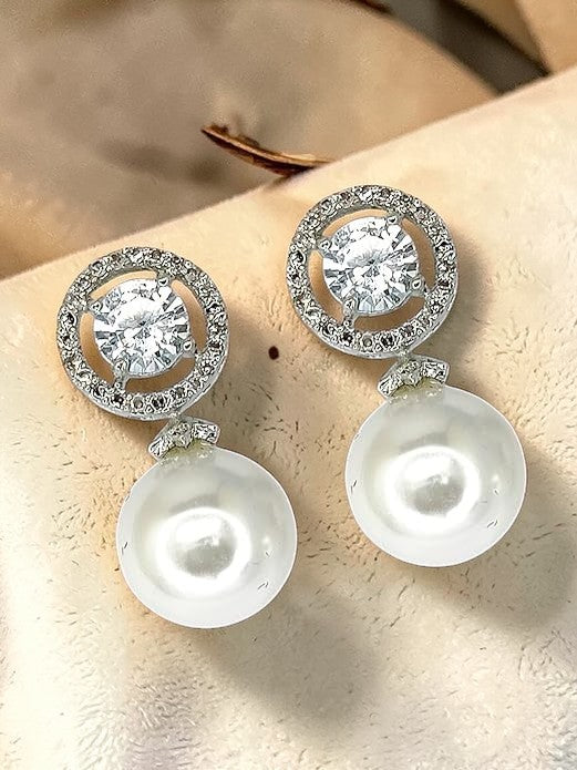 Silver Tone CZ Diamond Stud with Hanging Pearl