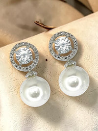 Silver Tone CZ Diamond Stud with Hanging Pearl